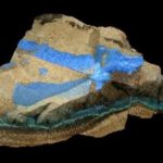 Una cara de la matriz recubierta con venas de cristales azules de cianotrizita, similares a los pelos.