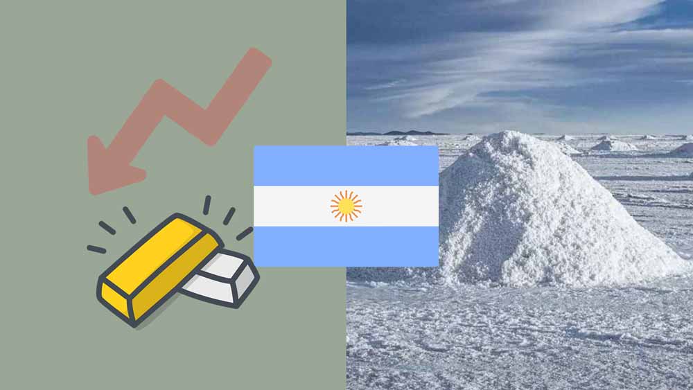 Imagen de litio, bandera de argentina e imagen de oro y plata con grafica en decenso