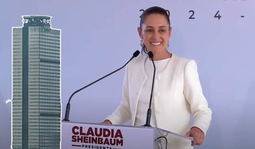 Imagen de Claudia Sheinbaum con torre de Pemex