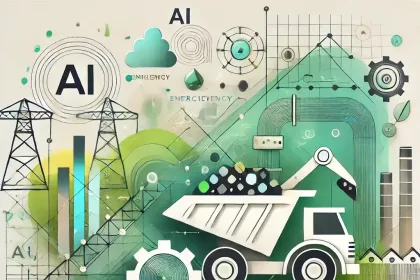 Ilustración abstracta de transformación digital en minería, con formas geométricas y líneas suaves que simbolizan IA, sostenibilidad y eficiencia energética.