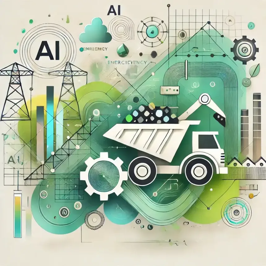 Ilustración abstracta de transformación digital en minería, con formas geométricas y líneas suaves que simbolizan IA, sostenibilidad y eficiencia energética.