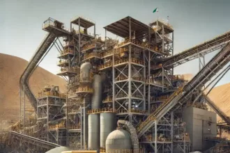 Imagen generada por IA de la mina de oro Newmont Peñasquito en Zacatecas, con trabajadores y maquinaria operando bajo el sol del desierto.