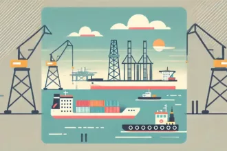 Ilustración sencilla del puerto de Tamaulipas con barcos, grúas y plataformas de petróleo en el fondo