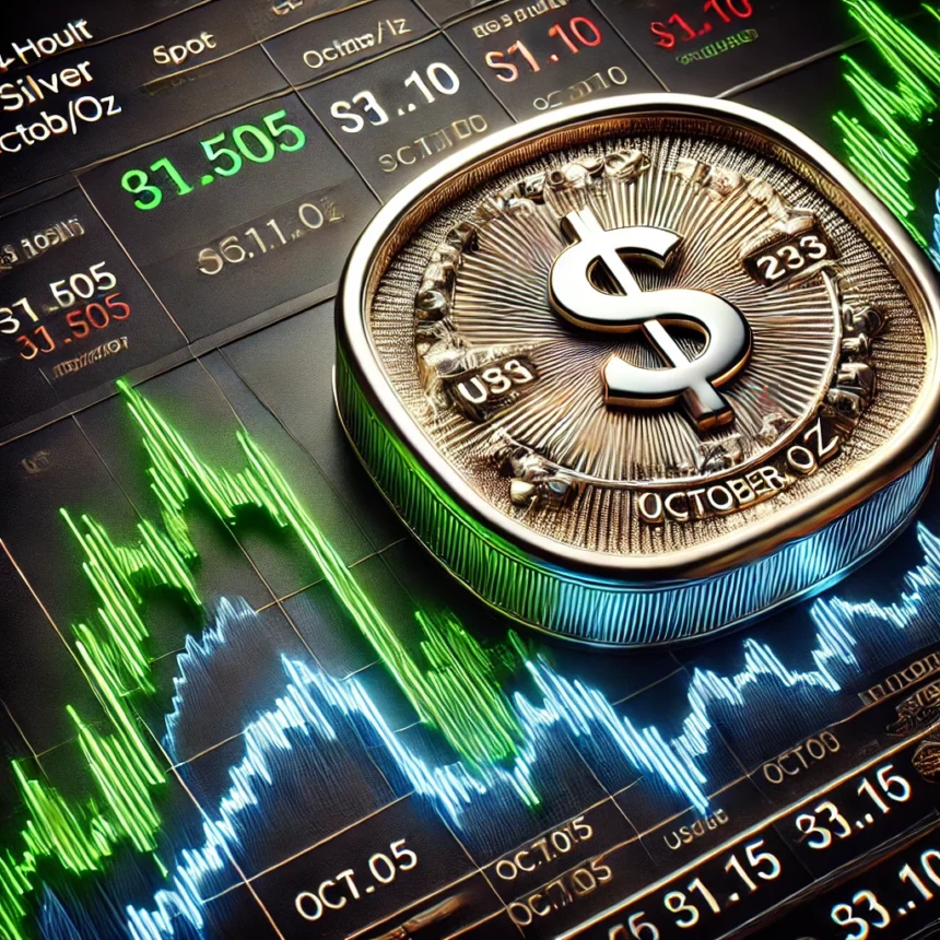 Gráfico financiero de precios spot de la plata a 24 horas en USD/oz con máximos y mínimos de octubre de 2024.