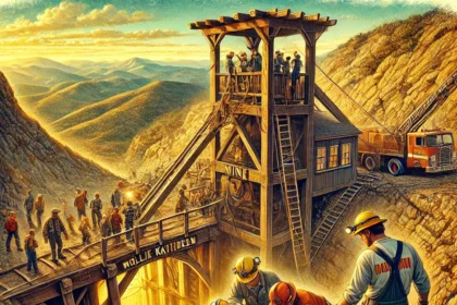 Ilustración del rescate en la mina Mollie Kathleen, mostrando a rescatistas y turistas en la entrada de la mina tras un accidente en el elevador.