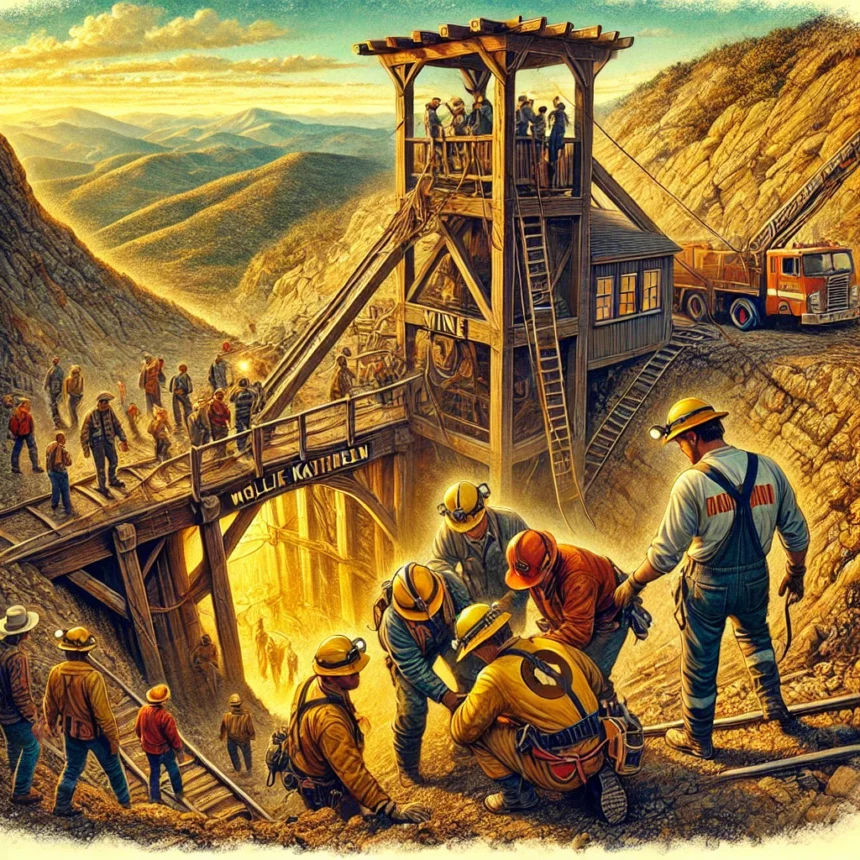 Ilustración del rescate en la mina Mollie Kathleen, mostrando a rescatistas y turistas en la entrada de la mina tras un accidente en el elevador.