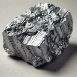 Primer plano de un fragmento de tungsteno metálico en estado natural con textura rugosa y brillo metálico