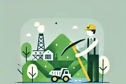 Ilustración de un trabajador minero frente a un sitio de minería sostenible, simbolizando la responsabilidad ambiental de la National Mining Association.