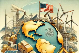 Mapa de América Latina y Estados Unidos con elementos como lingotes de cobre, baterías de litio y tecnología limpia, simbolizando colaboración minera