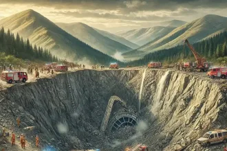 Ilustración de un accidente minero en una zona montañosa de Badiraguato, Sinaloa, mostrando el esfuerzo de rescate en una mina derrumbada, con vehículos de emergencia y personal de Protección Civil