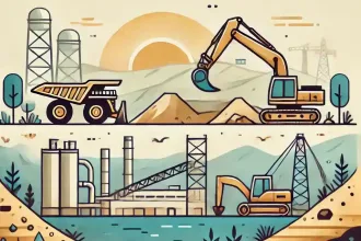 Sitio minero en México con maquinaria, excavadoras, rocas y minerales, representando la actividad industrial y los recursos naturales.