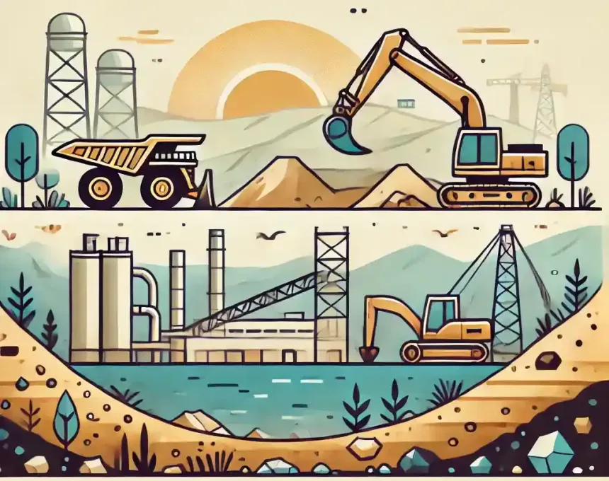 Sitio minero en México con maquinaria, excavadoras, rocas y minerales, representando la actividad industrial y los recursos naturales.