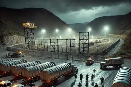 Escena nocturna en la minera Peñasquito en Zacatecas con seis tráileres estacionados cerca de una zona de extracción. La imagen muestra seguridad reforzada con guardias armados y vehículos policiales en el fondo, reflejando la tensión y el contexto de seguridad tras el robo de mineral.