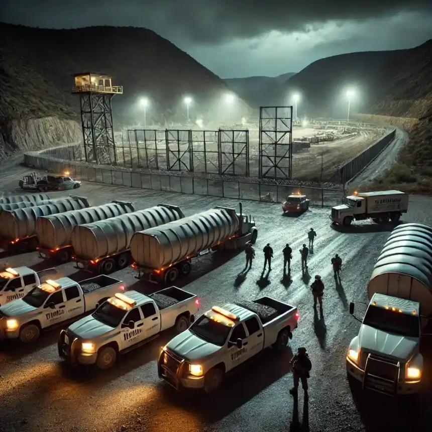 Escena nocturna en la minera Peñasquito en Zacatecas con seis tráileres estacionados cerca de una zona de extracción. La imagen muestra seguridad reforzada con guardias armados y vehículos policiales en el fondo, reflejando la tensión y el contexto de seguridad tras el robo de mineral.