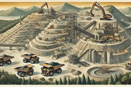 Ilustración de una mina a cielo abierto mostrando maquinaria pesada, terrazas de extracción, procesamiento de minerales y áreas de restauración ambiental.