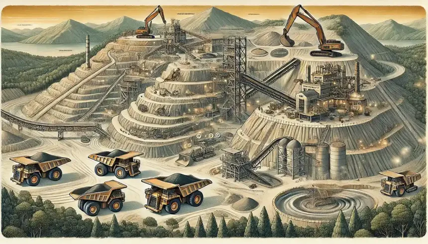 Ilustración de una mina a cielo abierto mostrando maquinaria pesada, terrazas de extracción, procesamiento de minerales y áreas de restauración ambiental.