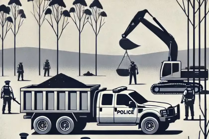 Policía incautando equipo de minería ilegal frente a un paisaje deforestado.