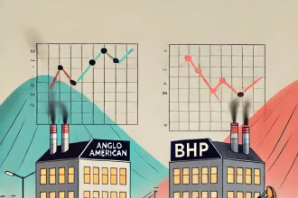 Dibujo minimalista de dos edificios representando empresas mineras enfrentadas. Uno muestra un gráfico de acciones en ascenso (Anglo American), el otro con gráfico en descenso (BHP). Paisaje minero con montañas y una excavadora al fondo