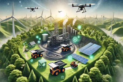Ilustración conceptual de minería sostenible con vehículos autónomos, drones, colinas verdes, paneles solares y turbinas eólicas, destacando innovación y sostenibilidad.