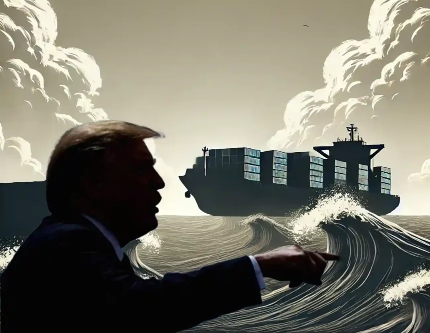 Ilustración de un barco carguero transportando acero y aluminio en aguas turbulentas, con una silueta de Donald Trump señalando hacia la el barco. Representa tensiones comerciales y desafíos económicos.