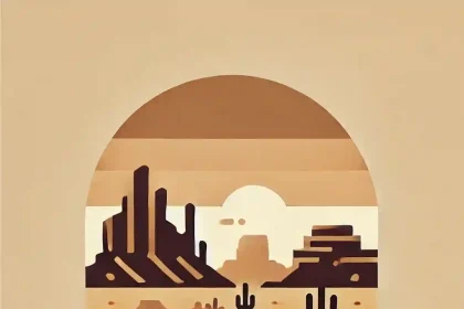 Ilustración minimalista de un paisaje desértico con formaciones rocosas, representando los monumentos nacionales de Arizona.