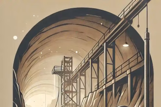 Ilustración minimalista de una operación minera subterránea en el proyecto Goldrush, Nevada.