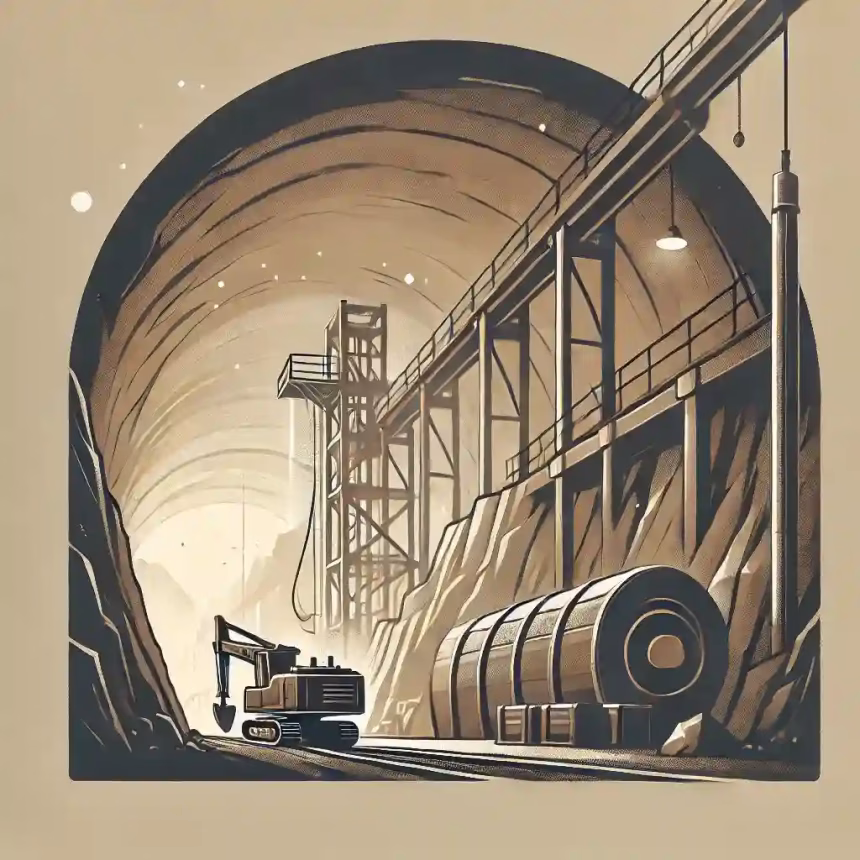 Ilustración minimalista de una operación minera subterránea en el proyecto Goldrush, Nevada.