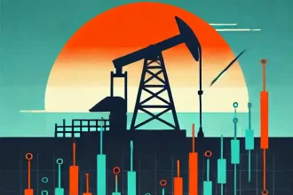 Ilustración minimalista de una plataforma petrolera con un gráfico de inversión en el mercado de valores, simbolizando el crecimiento financiero de Exxon Mobil.