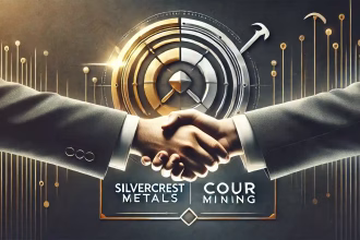 Fusión corporativa entre SilverCrest Metals y Coeur Mining, representada por un apretón de manos y un fondo con textura metálica en plata y oro.