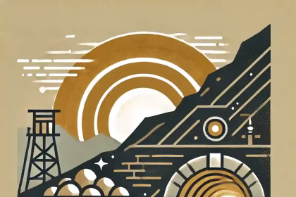 Ilustración minimalista de una operación minera en México con un túnel, un carrito con minerales y montañas al fondo.