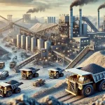 Operación minera moderna en América del Norte con camiones, excavadoras y cintas transportadoras extrayendo minerales críticos como litio, cobalto y níquel.