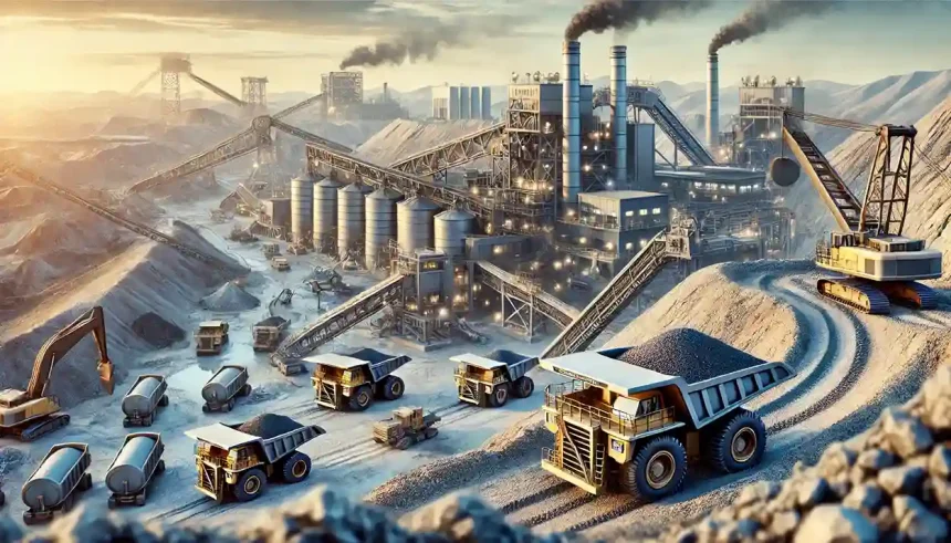 Operación minera moderna en América del Norte con camiones, excavadoras y cintas transportadoras extrayendo minerales críticos como litio, cobalto y níquel.