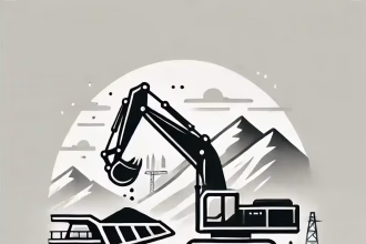 Ilustración en blanco y negro de una operación minera con excavadora y un carrito lleno de mineral