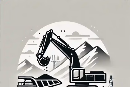 Ilustración en blanco y negro de una operación minera con excavadora y un carrito lleno de mineral