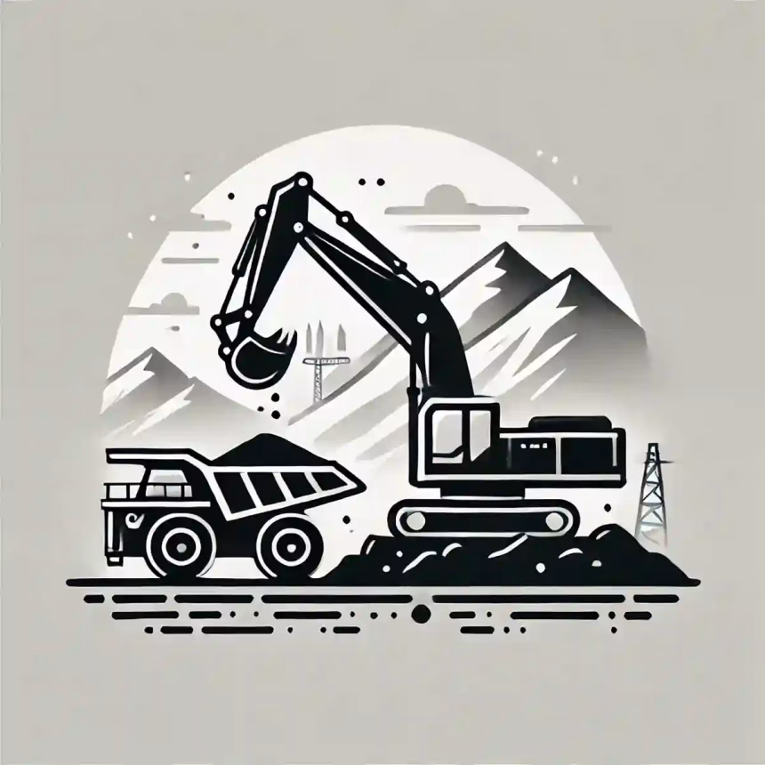 Ilustración en blanco y negro de una operación minera con excavadora y un carrito lleno de mineral