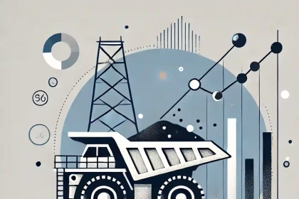 Ilustración minimalista de la industria minera con un camión de extracción y elementos abstractos que representan el mercado financiero.