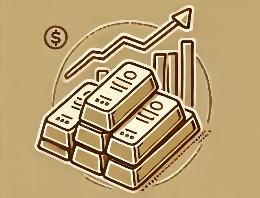 Lingotes de oro con un gráfico de crecimiento, representando el éxito financiero de Newmont en 2024.