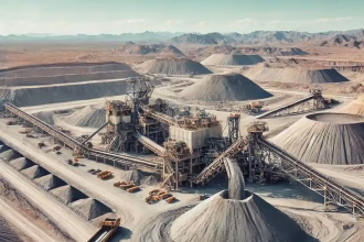 Vista de un sitio minero en Parral, Chihuahua, con maquinaria procesando jales y un enfoque en minería sostenible.