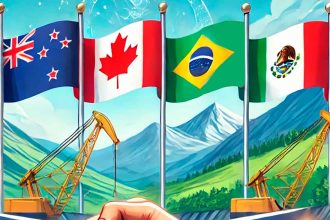 Ilustración de una alianza minera global entre Nueva Zelandia, Canadá y Latinoamérica, con equipos de minería, tres manos entrelazadas simbolizando colaboración y las banderas de Nueva Zelandia, Canadá, México, Brasil, Perú y Chile, en un entorno de minería sostenible con montañas y vegetación.