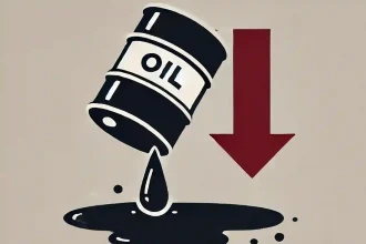 Barril de petróleo volcando con petróleo derramándose y una flecha descendente, simbolizando la caída de precios.