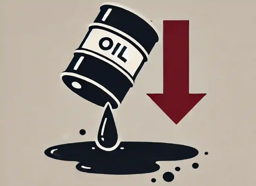 Barril de petróleo volcando con petróleo derramándose y una flecha descendente, simbolizando la caída de precios.