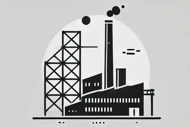 Ilustración en blanco y negro de una fábrica de acero con una chimenea y elementos simples de construcción como andamios.