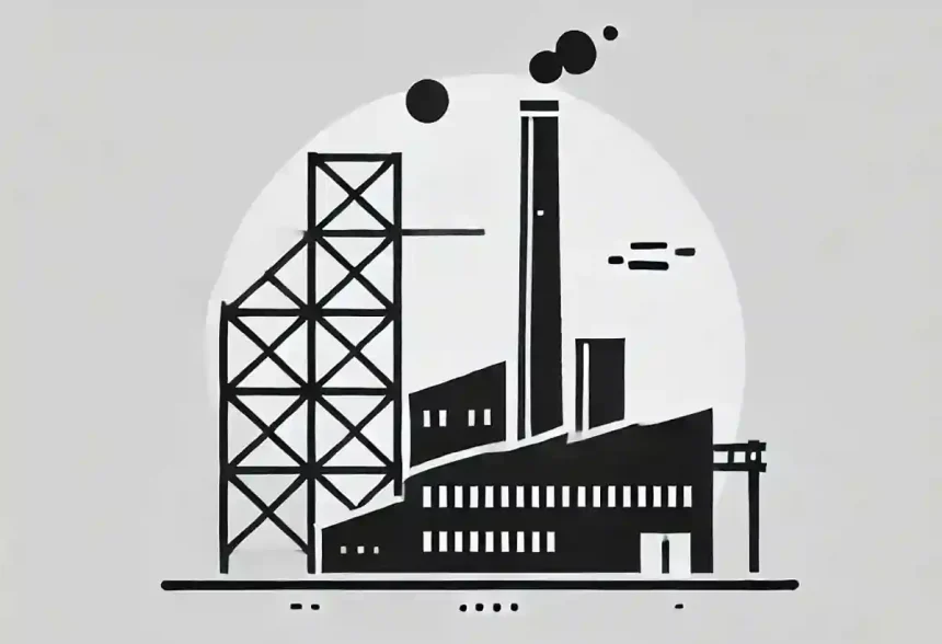 Ilustración en blanco y negro de una fábrica de acero con una chimenea y elementos simples de construcción como andamios.