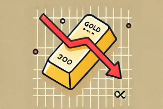 Ilustración de una barra de oro con una flecha roja descendente, representando la caída de los precios del oro debido a las expectativas de inflación en Estados Unidos.