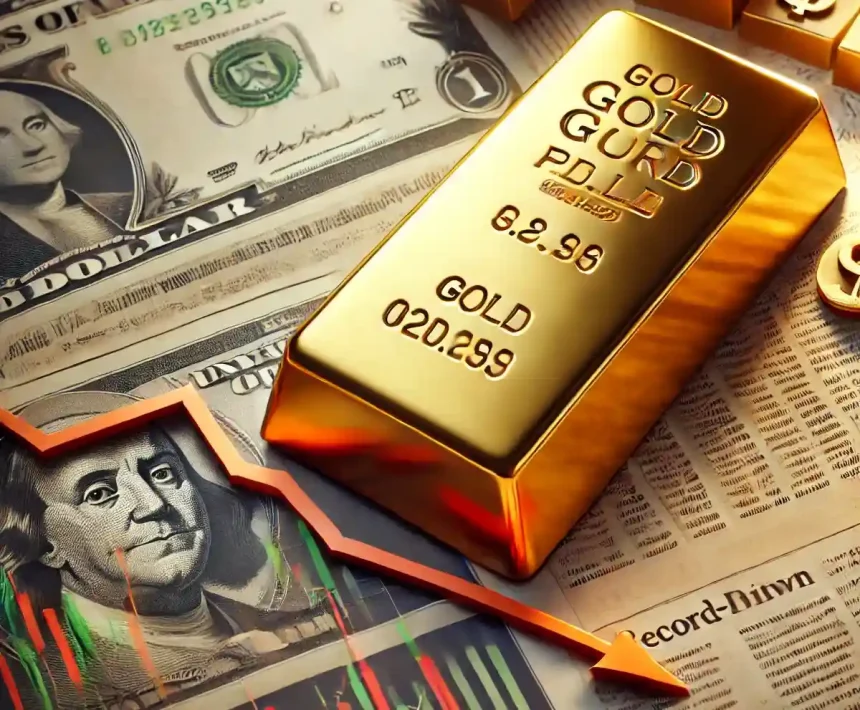 Barra de oro sobre periódico financiero con gráficos en alza y símbolos de dólar, reflejando el precio récord del oro