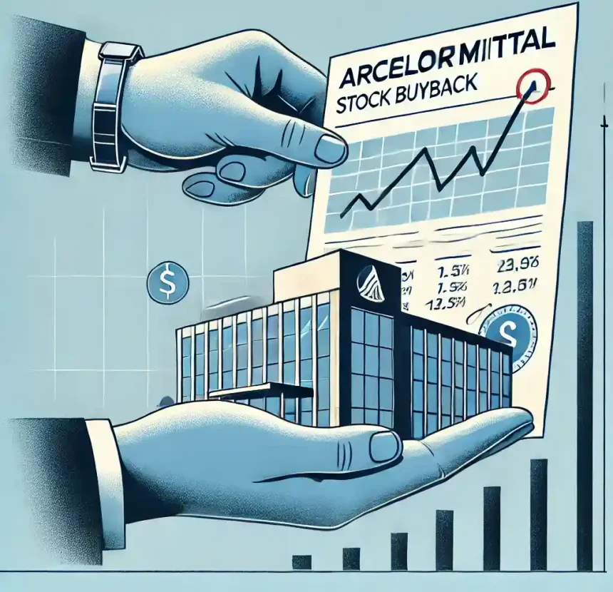 Ilustración conceptual de recompra de acciones corporativas de ArcelorMittal, con edificio de oficinas, mano comprando certificados y gráfico financiero.