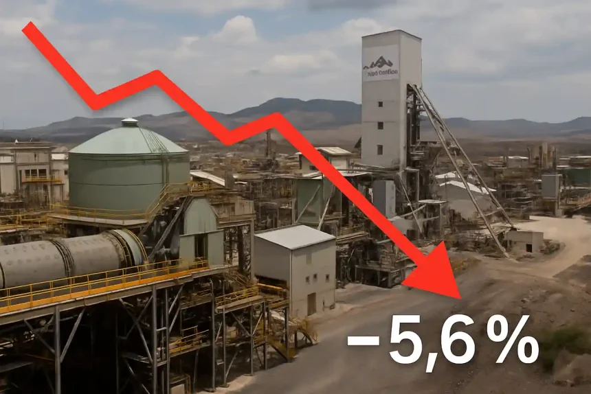 Instalación minera con gráfica roja descendente y caída del 5,6%; ilustración del comportamiento de las acciones de Fresnillo plc