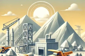 Ilustración minimalista de una operación minera de plata y zinc en México, con montañas, maquinaria y una entrada de mina, bajo cielo despejado.