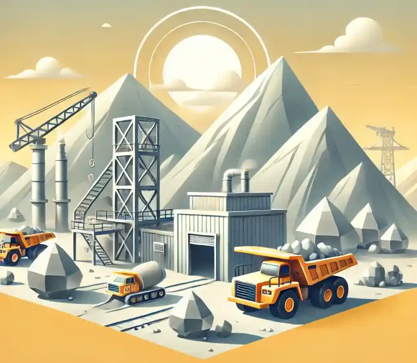 Ilustración minimalista de una operación minera de plata y zinc en México, con montañas, maquinaria y una entrada de mina, bajo cielo despejado.