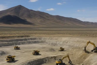 Vista realista de la mina de litio a cielo abierto en Thacker Pass, Nevada, con maquinaria pesada y paisaje desértico montañoso al fondo.